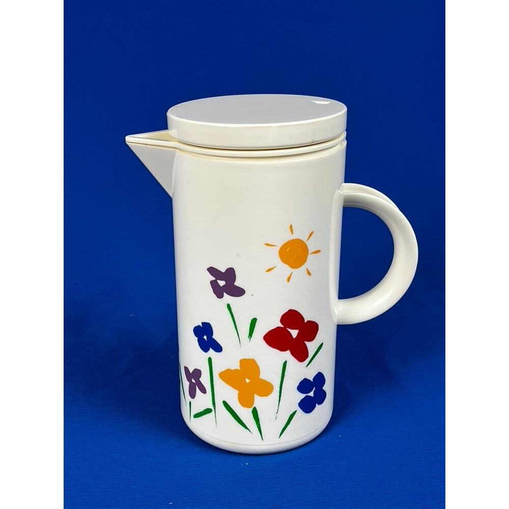 Vintage 1980s Retro Floral Coffee Thermos Plastic Teleflora Pitcher